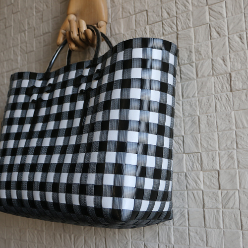 プラカゴ（Lサイズ）ブラック✕グレー✕ホワイト ppバンド かごバッグ