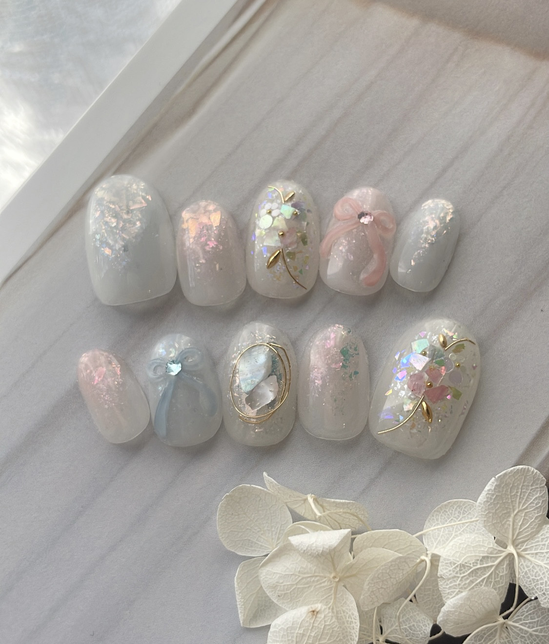 pale pink＆blue shell bouquet nail