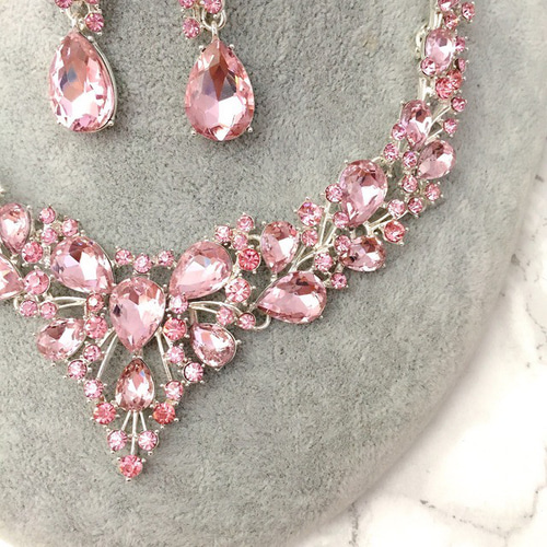 pink ブライダルネックレス&ピアスセット ピンク カラードレス