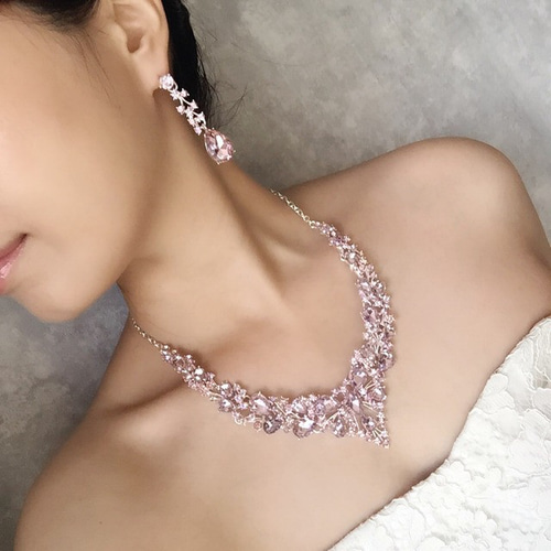 pink ブライダルネックレス&ピアスセット ピンク カラードレス