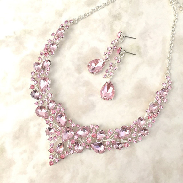 pink ブライダルネックレス&ピアスセット ピンク カラードレス