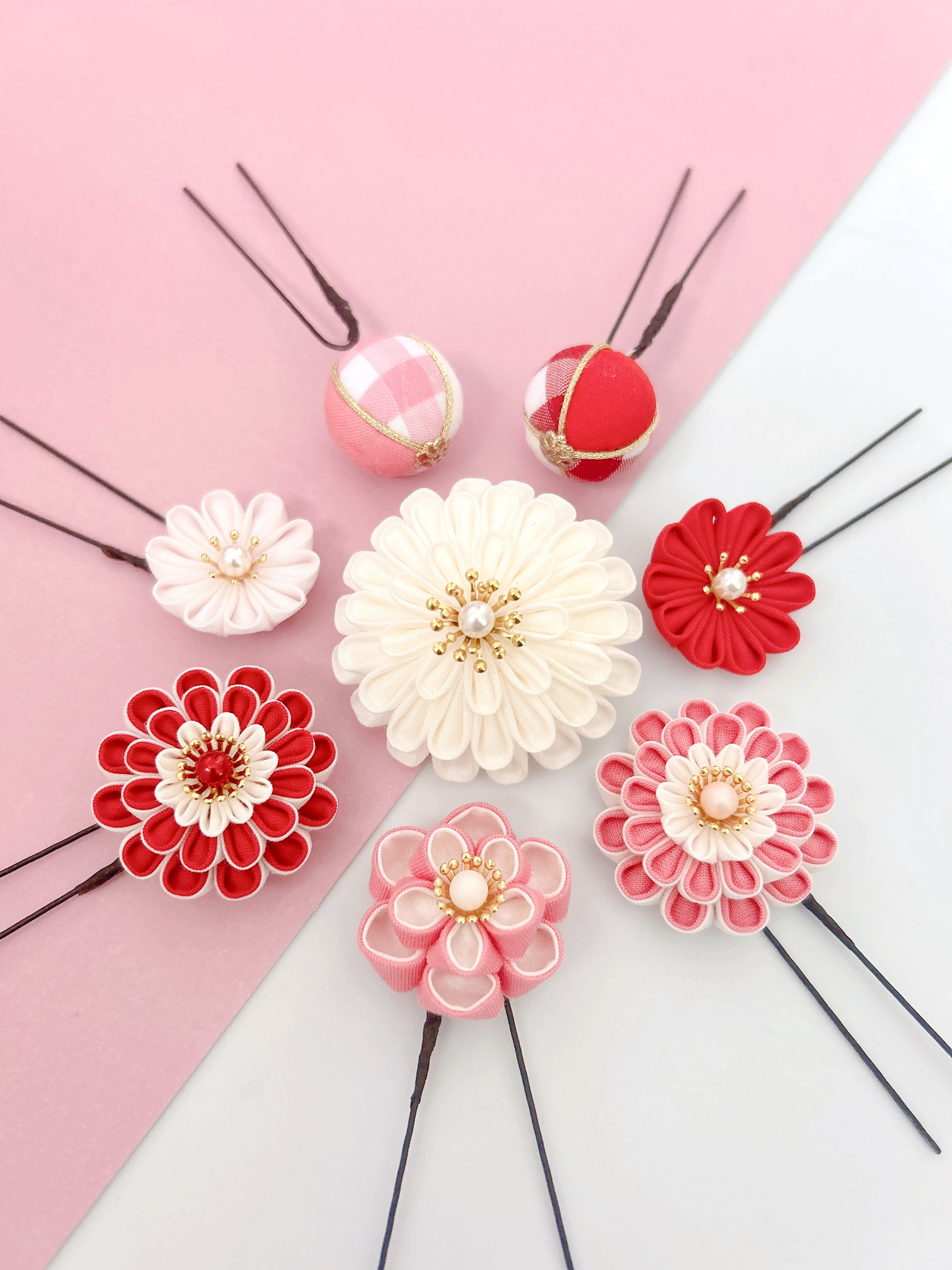 つまみ細工髪飾り　【赤×ピンク】 七五三　成人式　卒業式　浴衣　和装　着物　ヘッドドレス