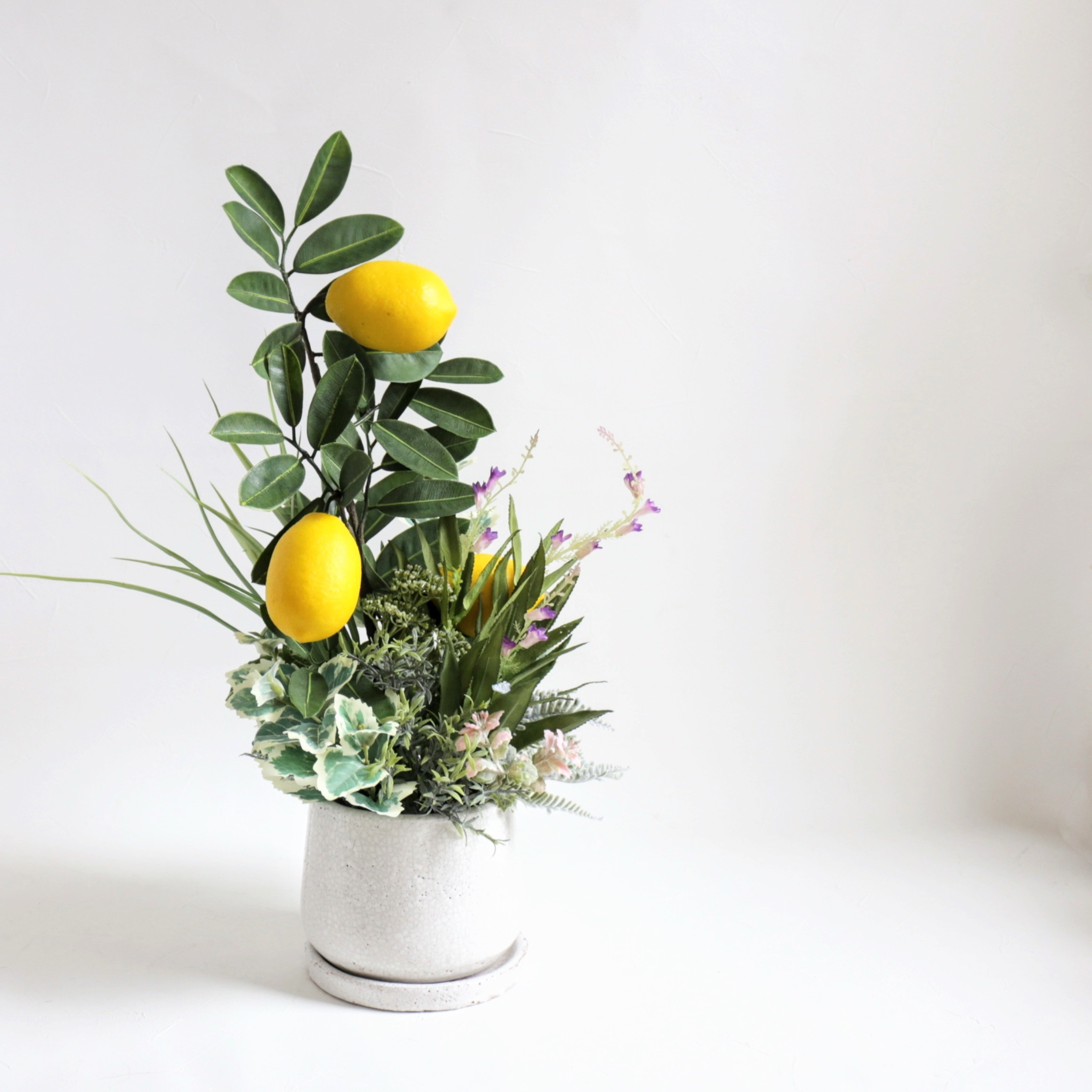 レモンとハーブの寄せ植え風アレンジ～お水不要のフェイクグリーン