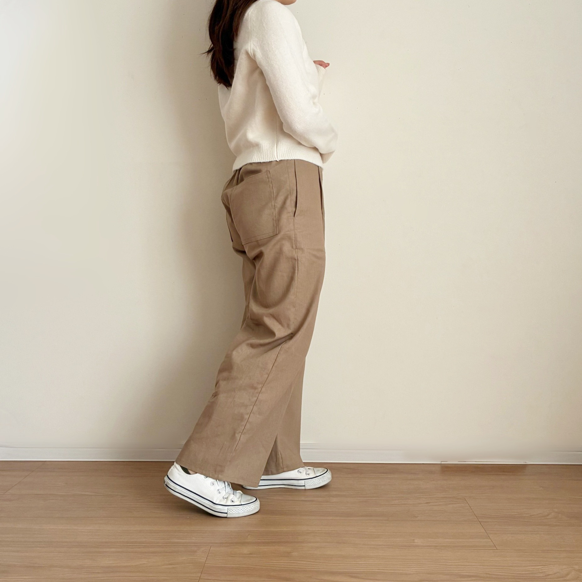 【別カラー有】綿麻キャンバス（ライトタイプ）のタックワイドパンツ＊オーカーブラウン【受注製作】