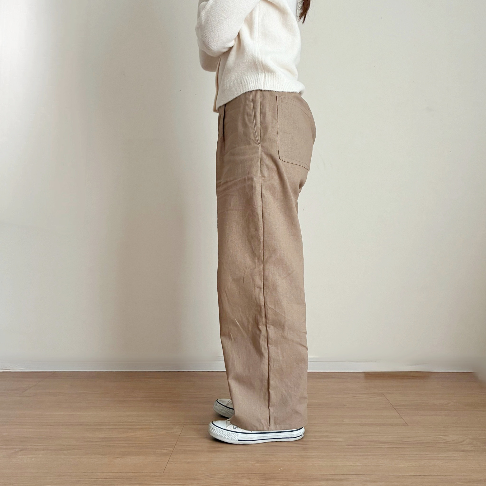 【別カラー有】綿麻キャンバス（ライトタイプ）のタックワイドパンツ＊オーカーブラウン【受注製作】