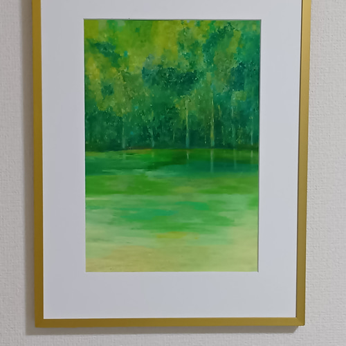 森と湖畔 オイルパステル原画 一点もの A4サイズ 絵画 ゆうまめ 通販