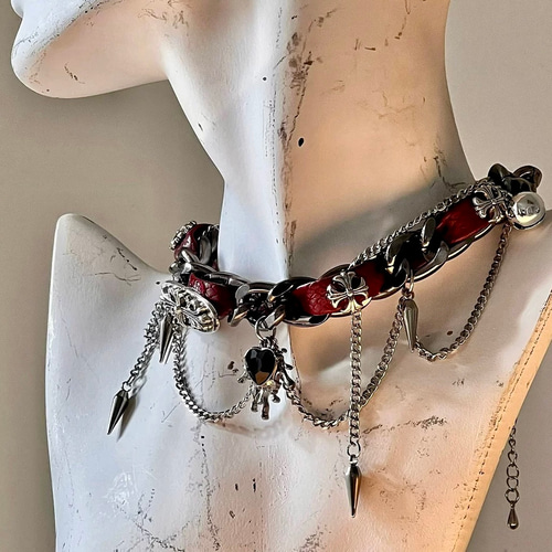 地雷系 チョーカー｜黒ハート×赤レザー×スパイクチェーン チョーカー