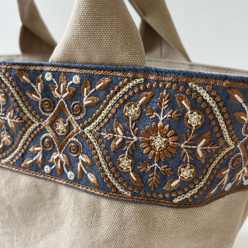 新色◇インド刺繍リボンとクッタリ帆布のトートバッグ◇blue gray