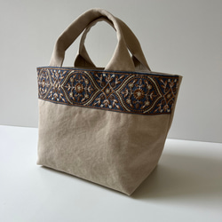 新色◇インド刺繍リボンとクッタリ帆布のトートバッグ◇blue gray