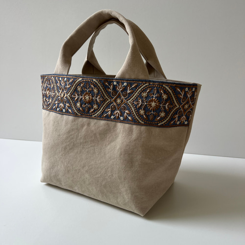 新色◇インド刺繍リボンとクッタリ帆布のトートバッグ◇blue gray