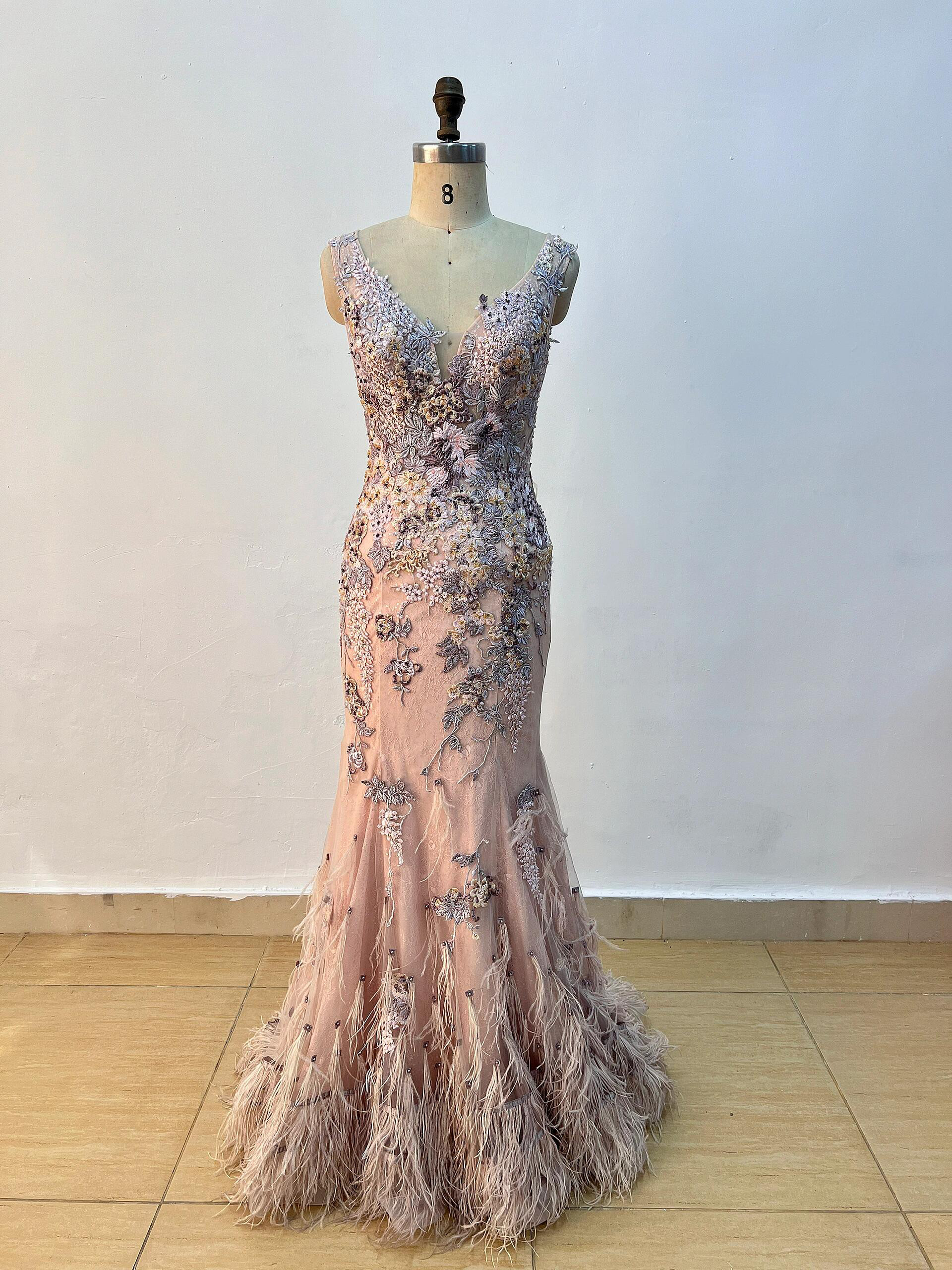 高品質保証　マーメイドドレス　ピンク　フラワー刺繍　可愛い　背中空き　カラフル　コンテスト　音楽会前撮りサイズオーダー