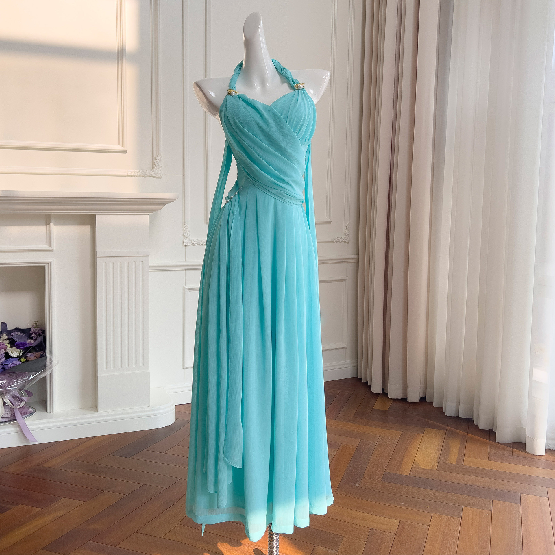 ドレス パーティー ウェディング ワンピース ロング プリンセス 青 上品 高級感 優雅 韓国風 結婚式 お呼ばれ