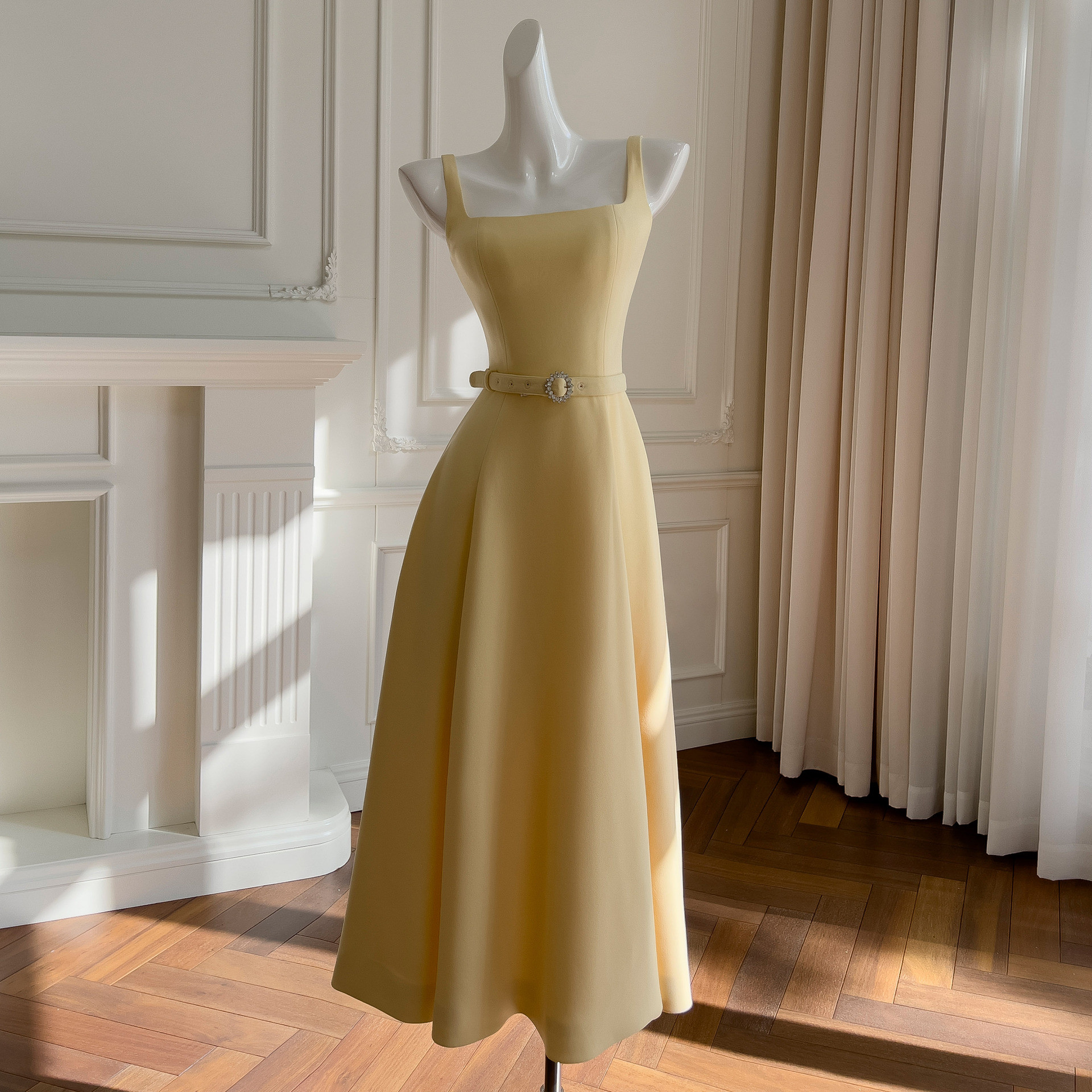 ドレス パーティー ウェディング ワンピース ロング プリンセス 黄色 上品 高級感 優雅 韓国風 結婚式 お呼ばれ