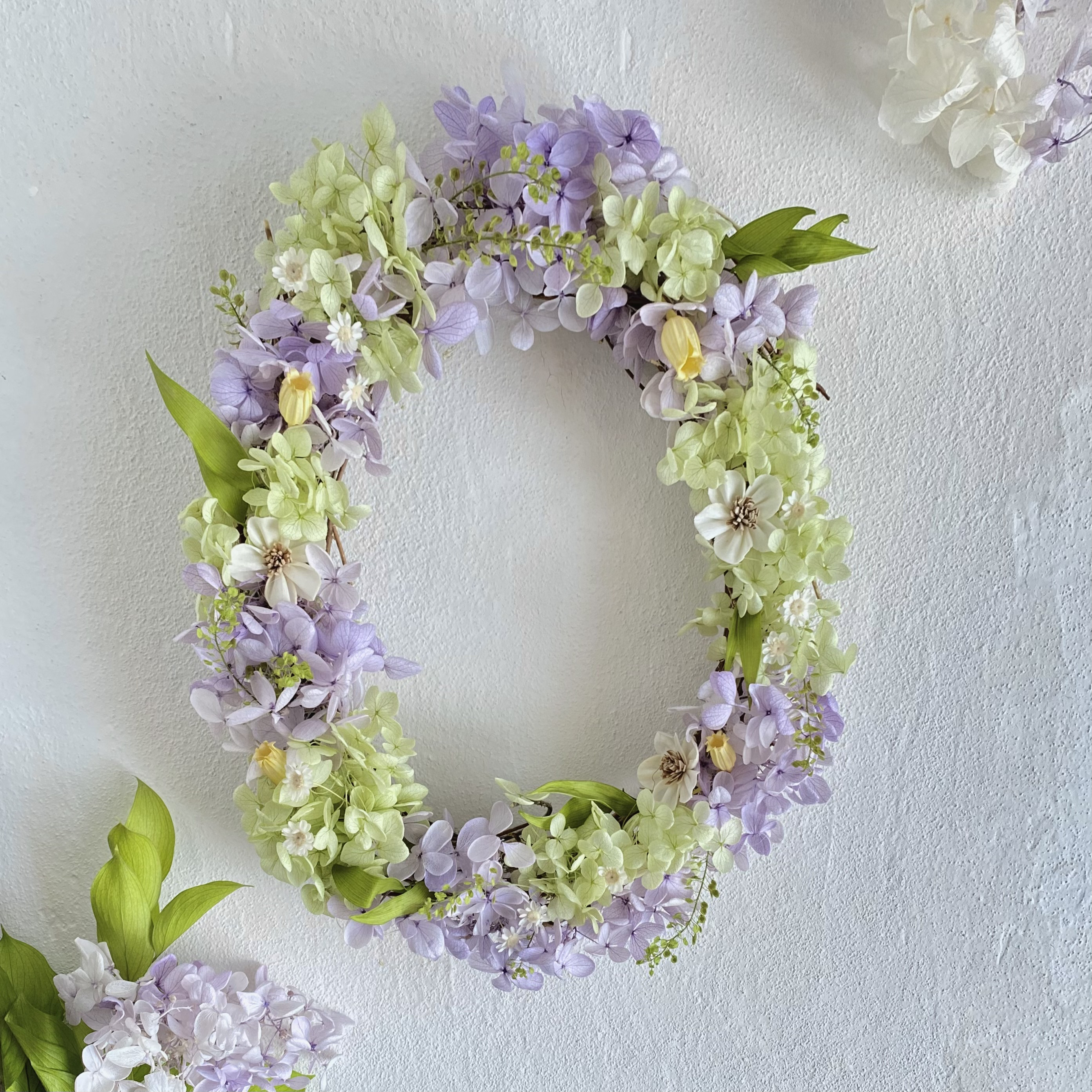 紫陽花オーバルリース　*‥＊‥淡いパープル×ライトグリーンのアジサイ‥＊‥* 〜プリザーブドフラワー〜　夏リース