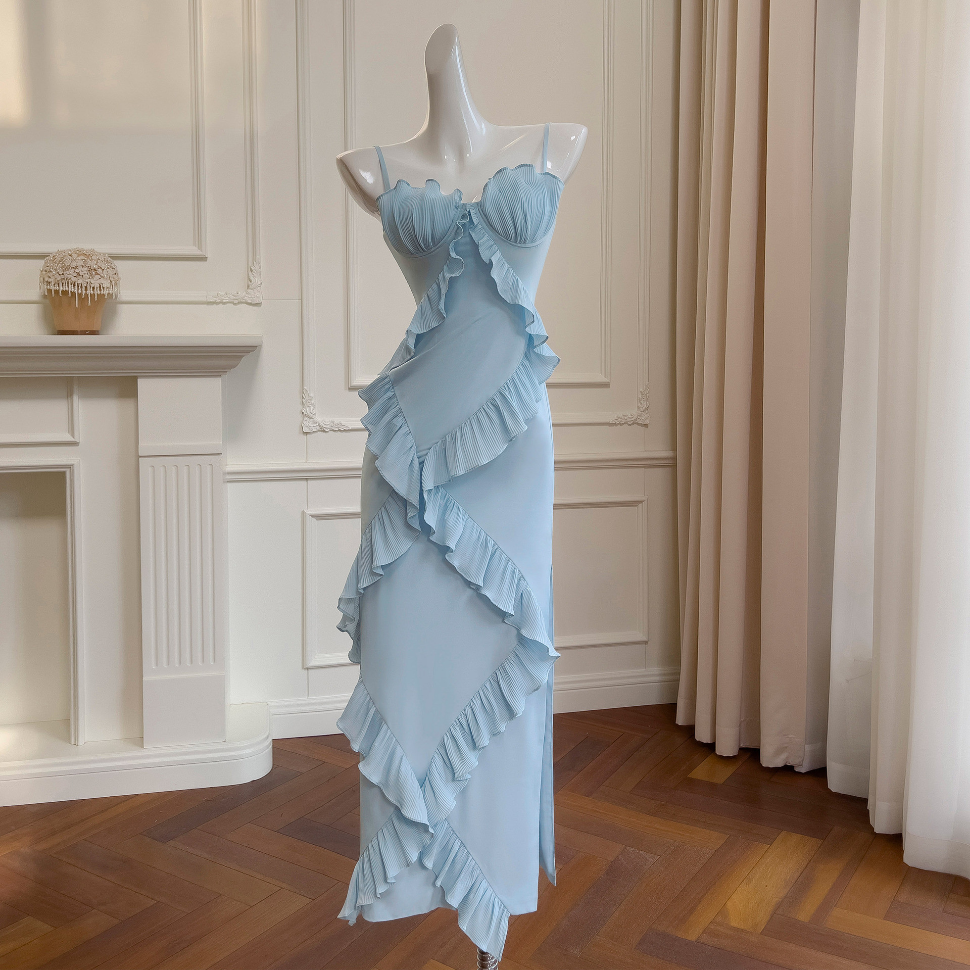 ドレス パーティー ウェディング ワンピース ロング プリンセス 青 上品 高級感 優雅 韓国風 結婚式 お呼ばれ