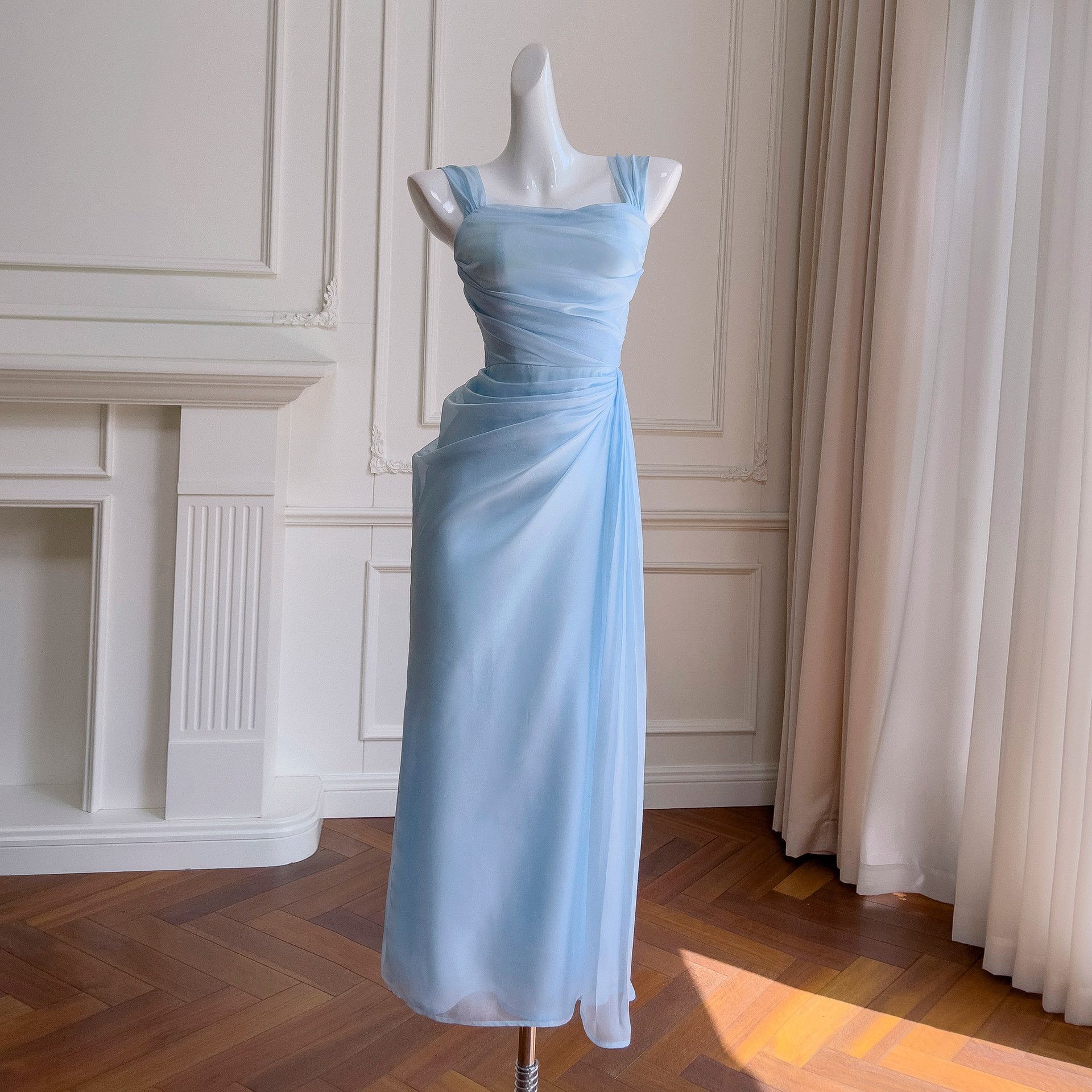 ドレス パーティー ウェディング ワンピース ロング プリンセス 青 上品 高級感 優雅 韓国風 結婚式 お呼ばれ