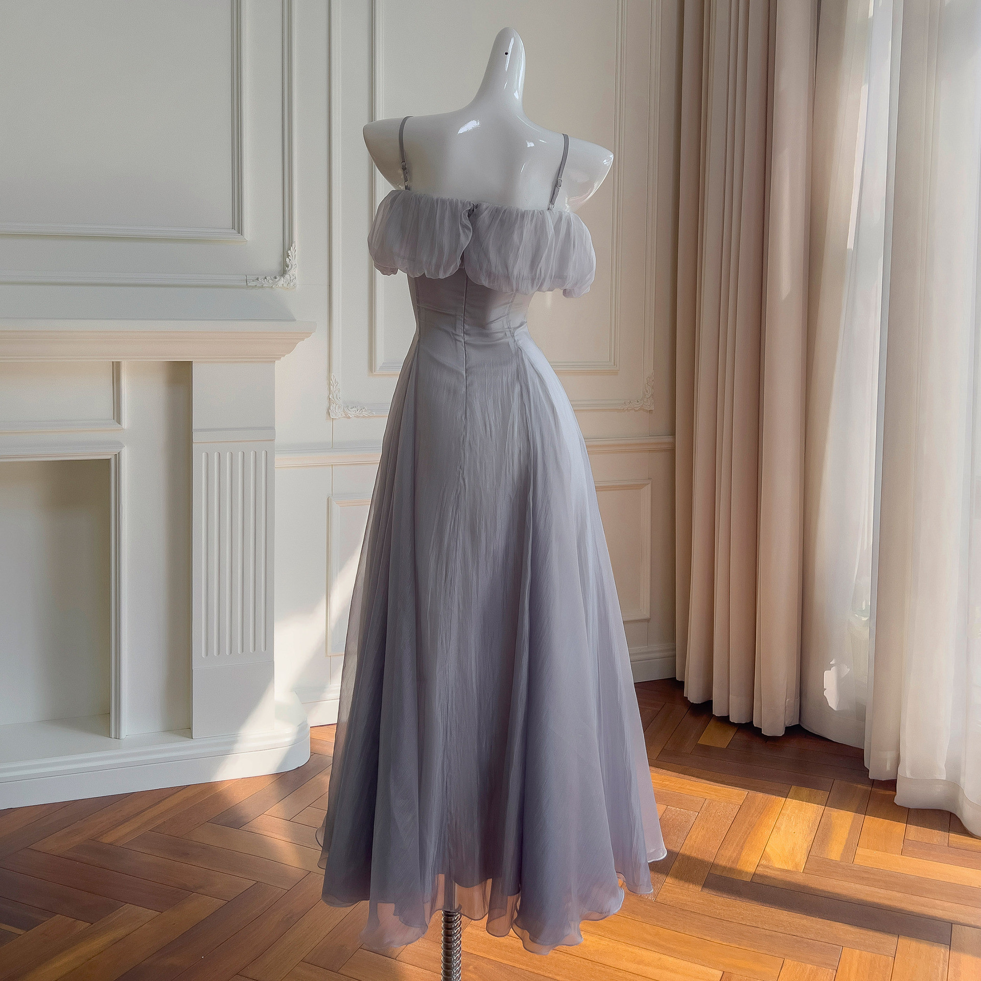 ドレス パーティー ウェディング ワンピース ロング プリンセス グレー 上品 高級感 優雅 韓国風 結婚式 お呼ばれ