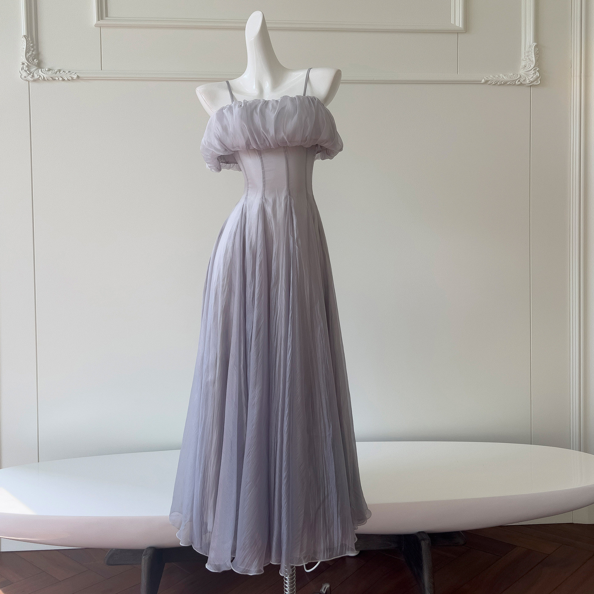 ドレス パーティー ウェディング ワンピース ロング プリンセス グレー 上品 高級感 優雅 韓国風 結婚式 お呼ばれ