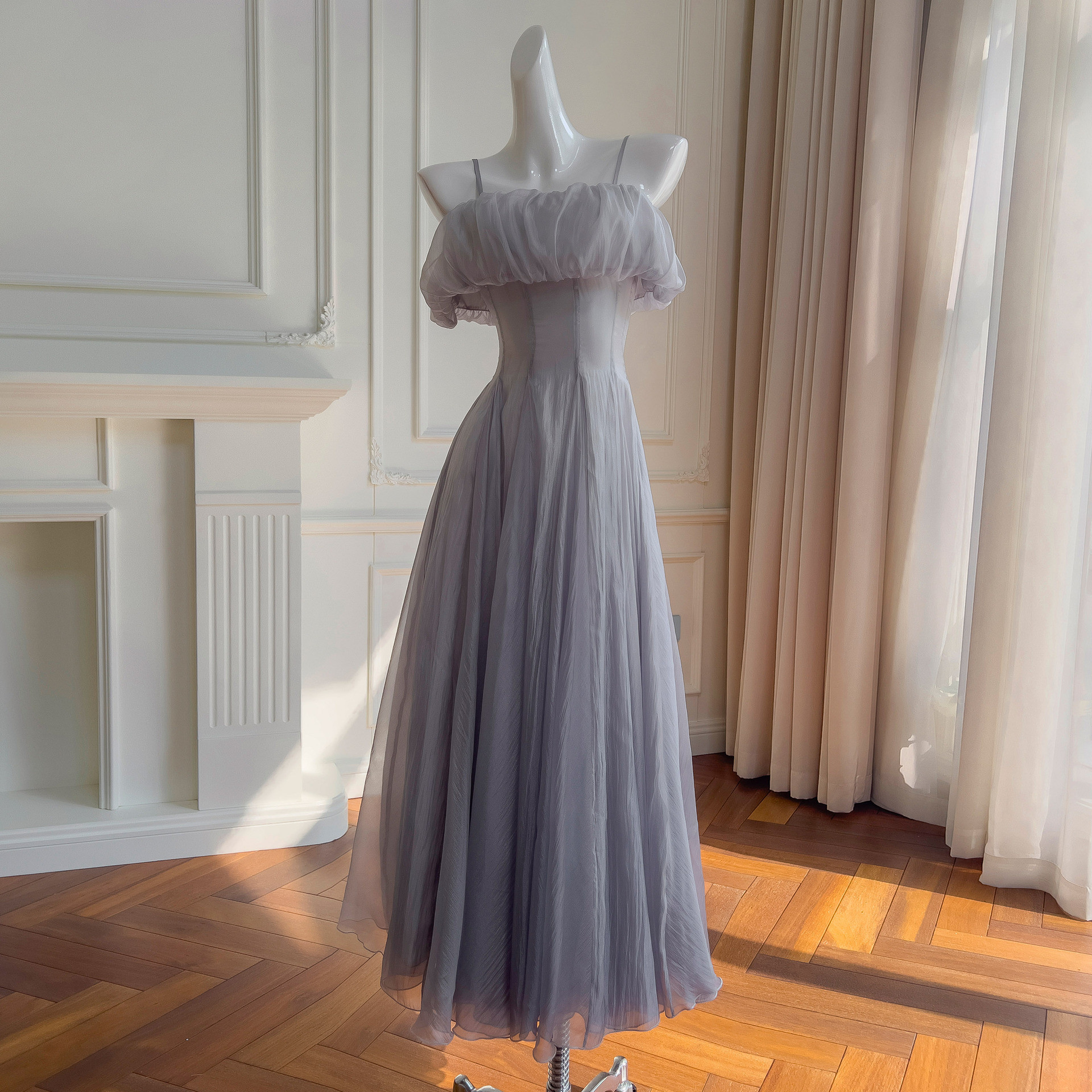 ドレス パーティー ウェディング ワンピース ロング プリンセス グレー 上品 高級感 優雅 韓国風 結婚式 お呼ばれ