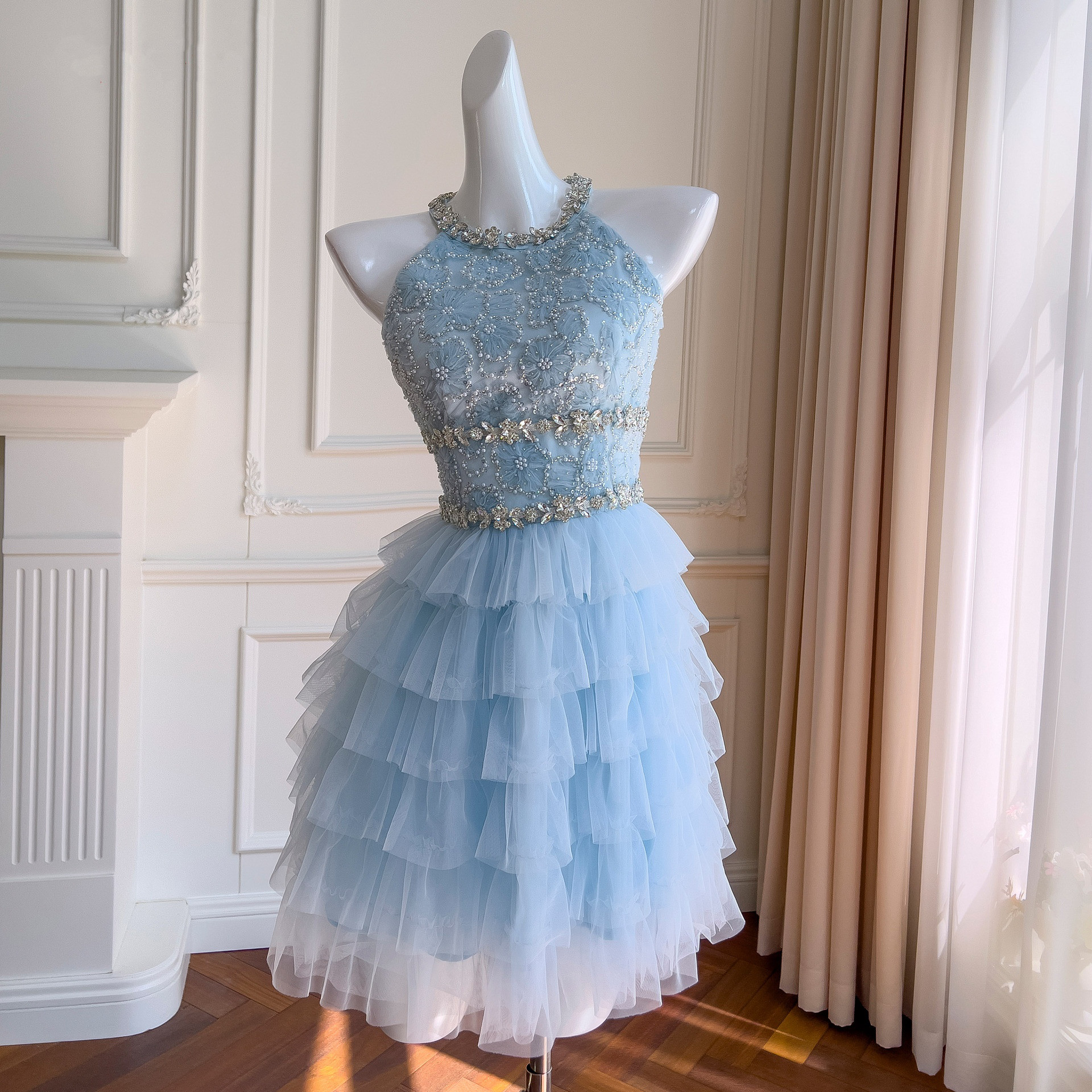 ドレス パーティー ウェディング ワンピース ショート プリンセス 青 上品 高級感 優雅 韓国風 結婚式 お呼ばれ