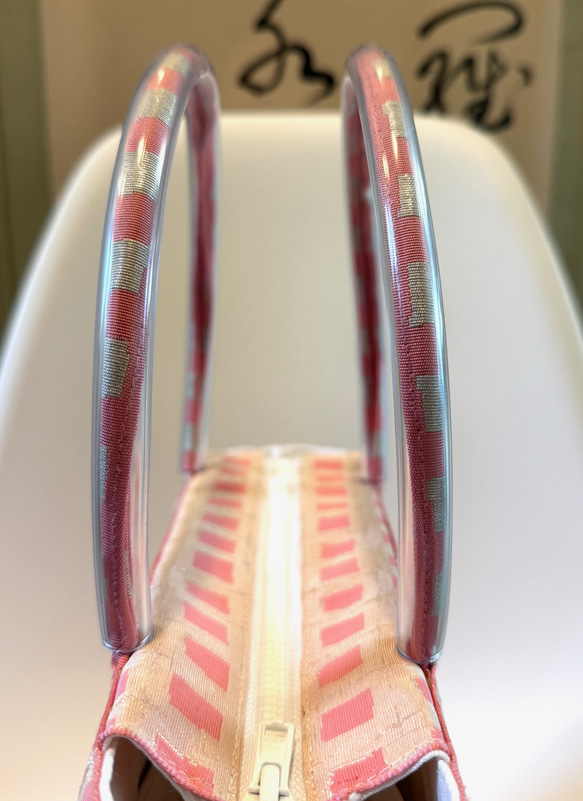 桃色スクエアドット柄/名古屋帯のトートバッグ 5枚目の画像