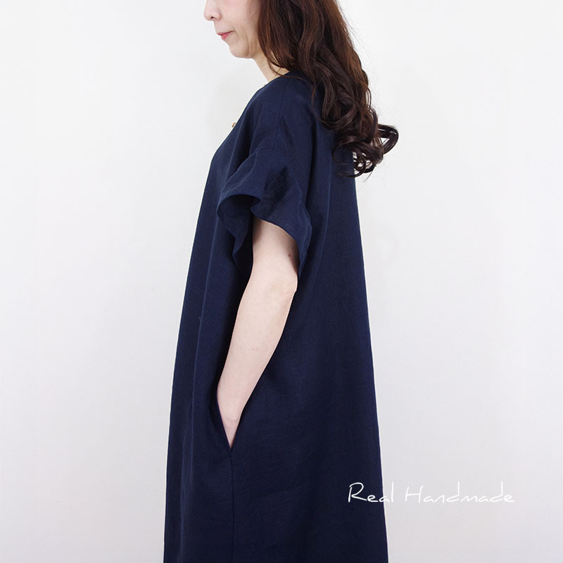 [予約販売]  しっとり柔らかネイビーリネン袖フリルワンピース
