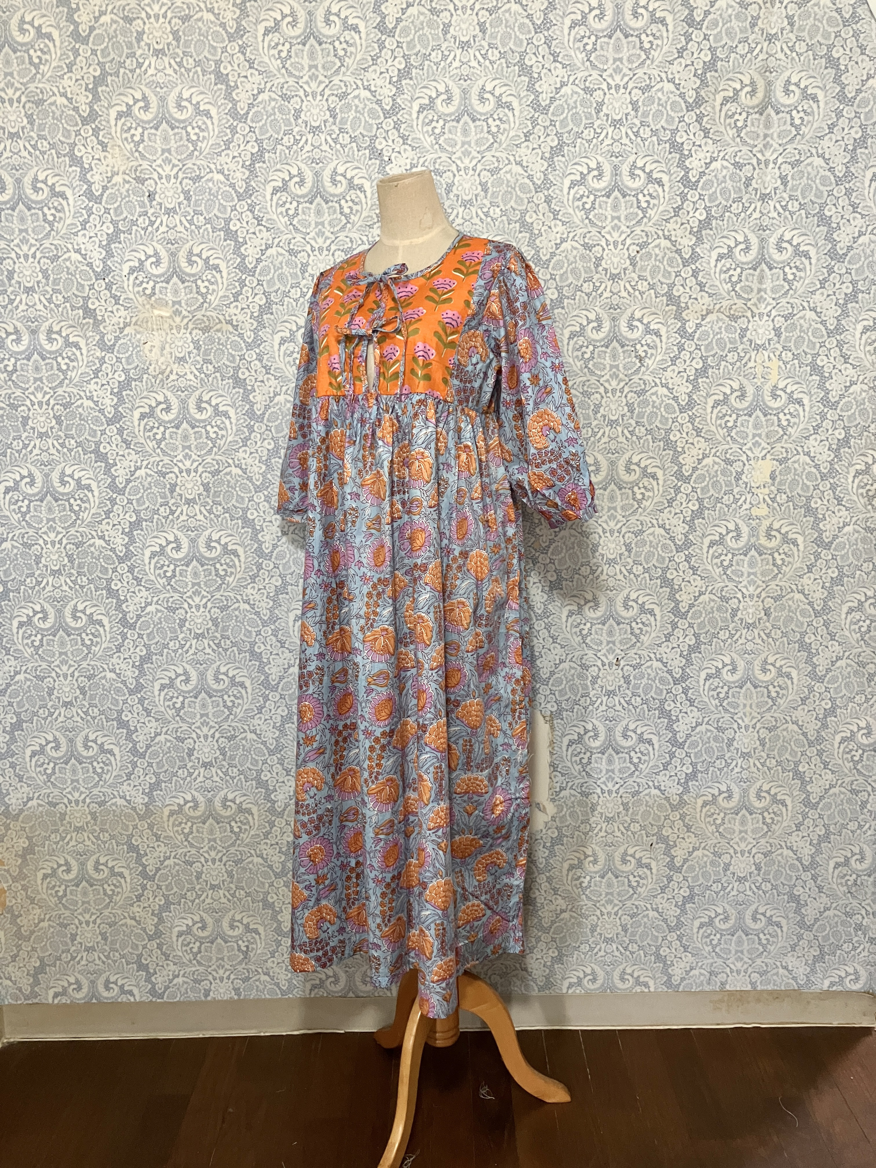 綿ブロックプリントカフタンロングワンピース