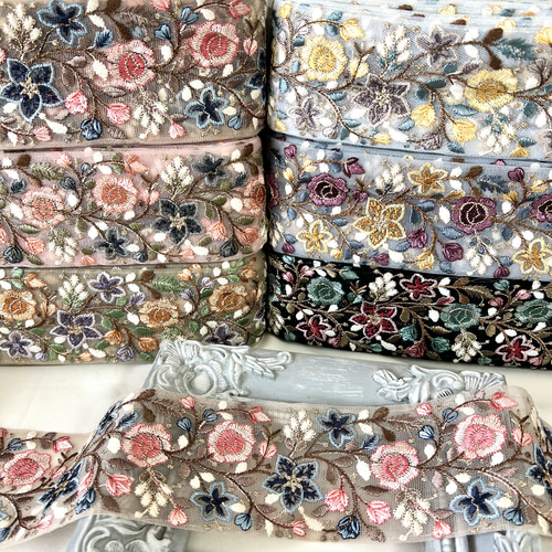 50cm インド刺繍リボン チュール 花柄 #ct43 リボン・テープ La grace