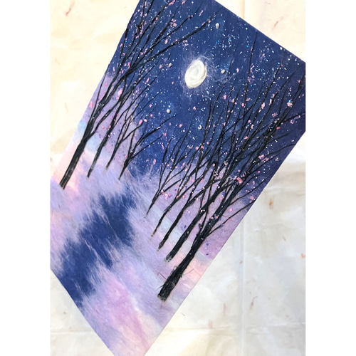 和紙ちぎり絵『キラキラ黒木の並木道』葉書サイズ原画 絵画 彩紘