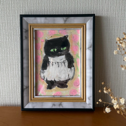 【楽天スーパーセール】 絵画。原画【かわいい黒猫と3つの赤いリンゴ】 絵画 アカザ麦 絵画
