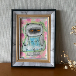 絵画。原画【コーヒーカップの熊ちゃんは喜んでコーヒーを飲み