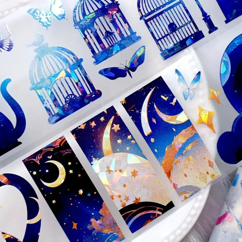 海外 マスキングテープ 星夜猫影 PET マステ テープ 月 猫 夜 空