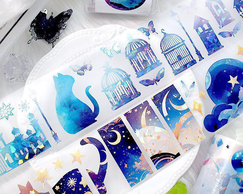 海外 マスキングテープ 星夜猫影 PET マステ テープ 月 猫 夜 空