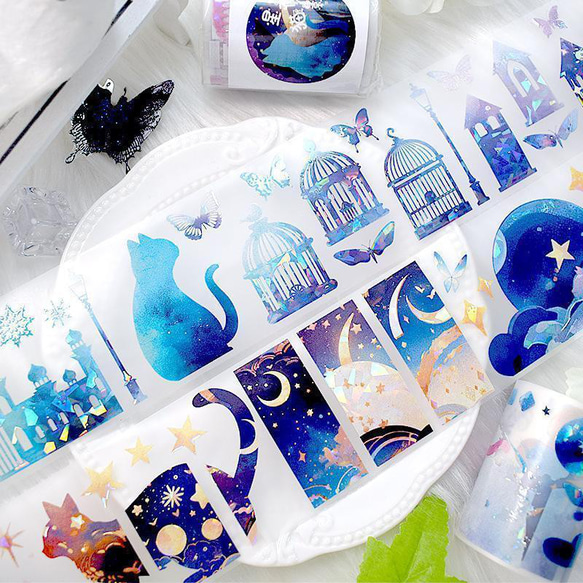 海外 マスキングテープ 星夜猫影 PET マステ テープ 月 猫 夜 空