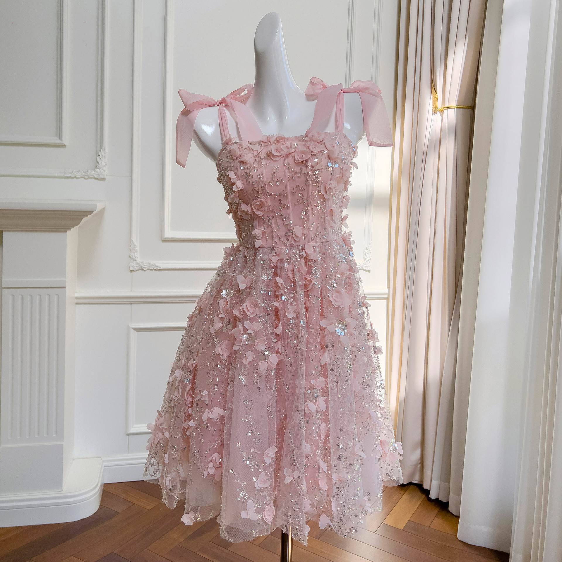 ドレス パーティー ウェディング ワンピース ショート プリンセス ピンク 上品 高級感 優雅 韓国風 結婚式 お呼ばれ