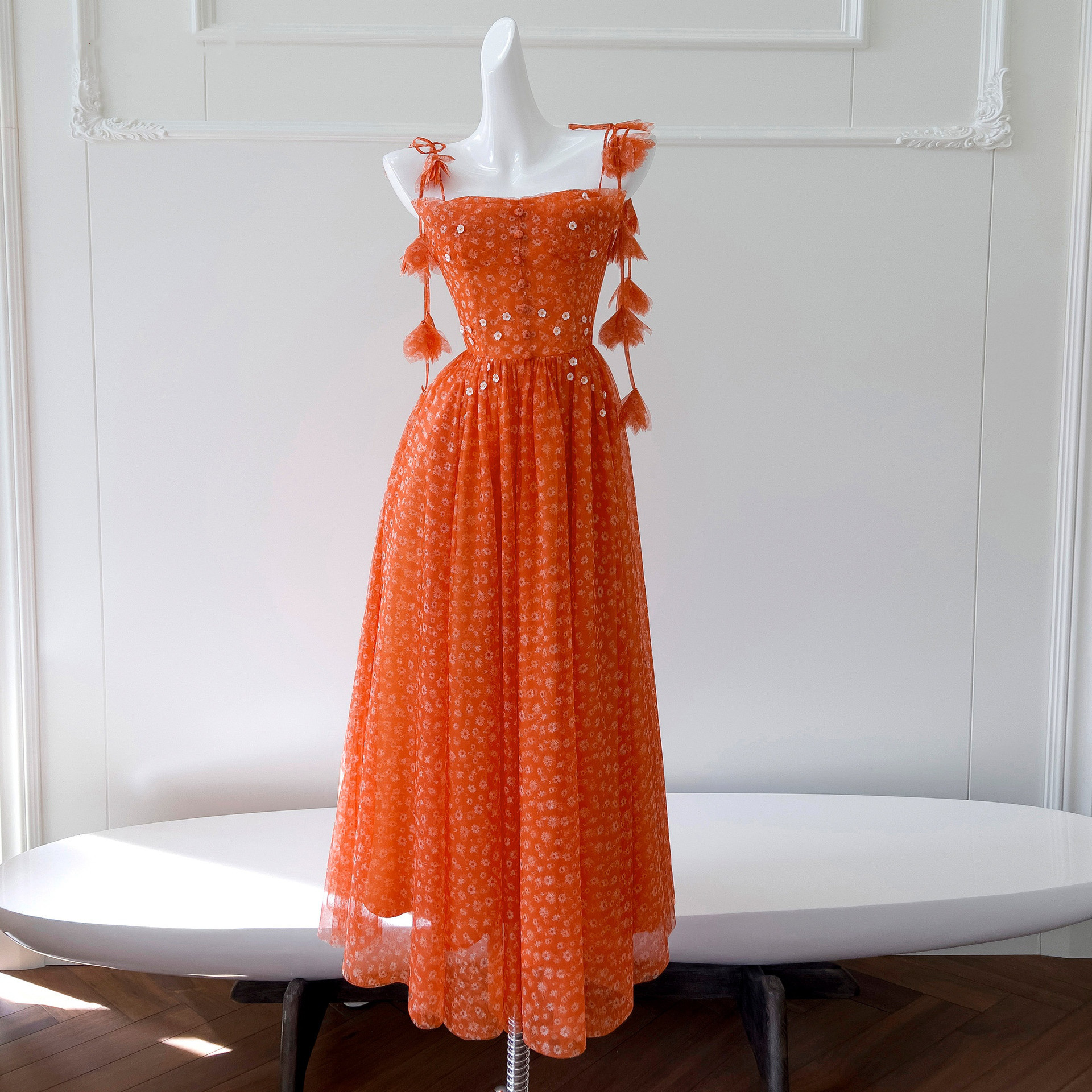 ドレス パーティー ウェディング ワンピース ロング プリンセス オレンジ 上品 高級感 優雅 韓国風 結婚式 お呼ばれ