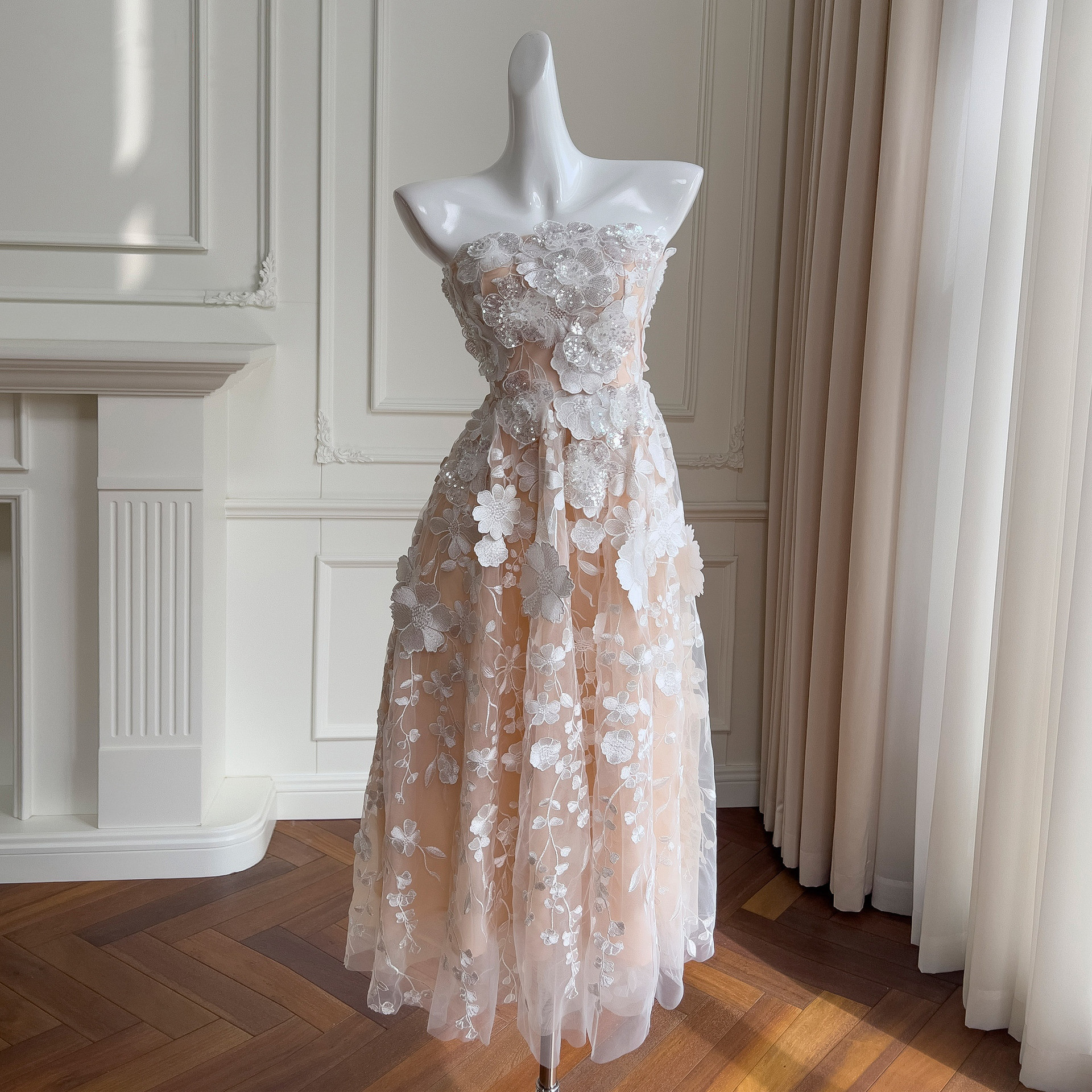 ドレス パーティー ウェディング ワンピース ロング プリンセス 花 白 上品 高級感 優雅 韓国風 結婚式 お呼ばれ