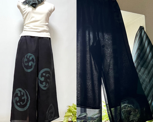 『値下げ』着物リメイク　正絹反物より　生成りワイドパンツ　No.891 反物【正絹 紬】sizeフリー *大人のワイドパンツ* 着物リメイク