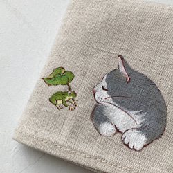 ワケありな逸品】『ミモザと猫』手描きコットンリネンハンカチベージュ