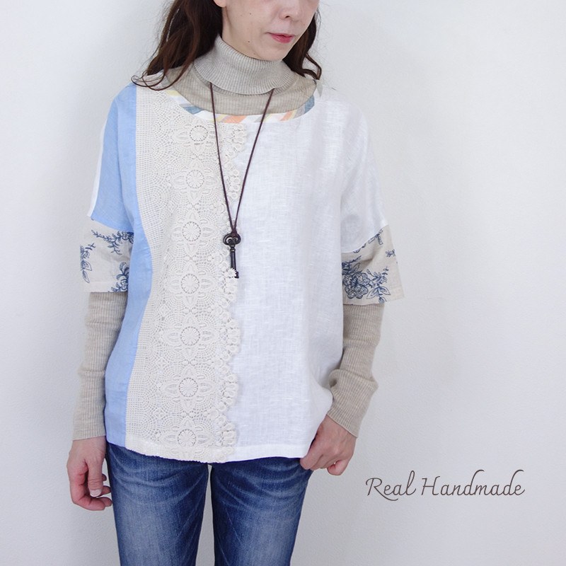 花模様レースとネモフィラ切替のオフリネン・ドロッププルオーバー