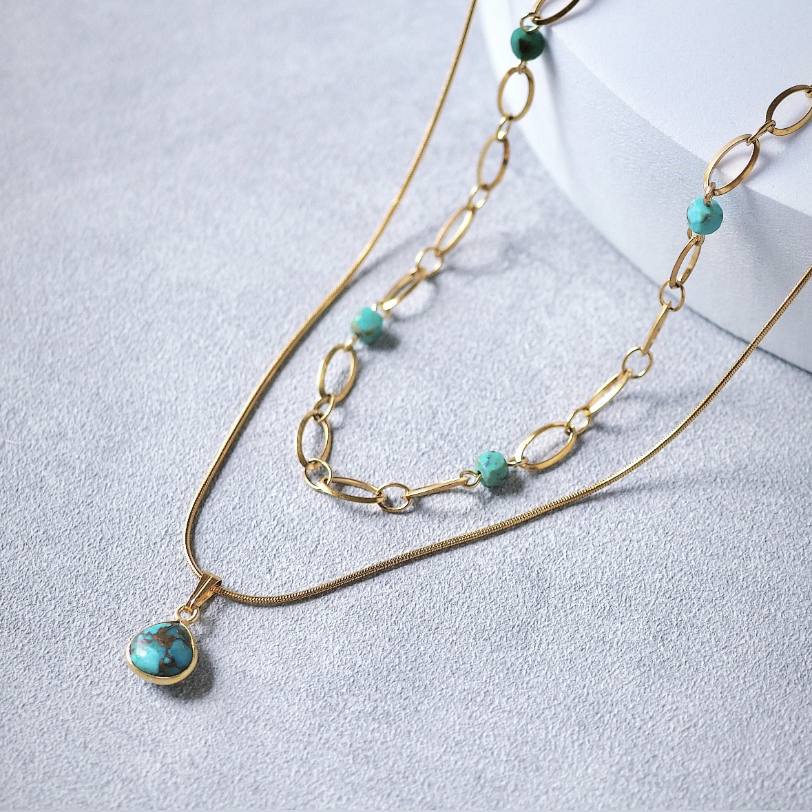 重ね付け ターコイズネックレス  ブルーコッパー＆ステーション  N160 金属アレルギー対応