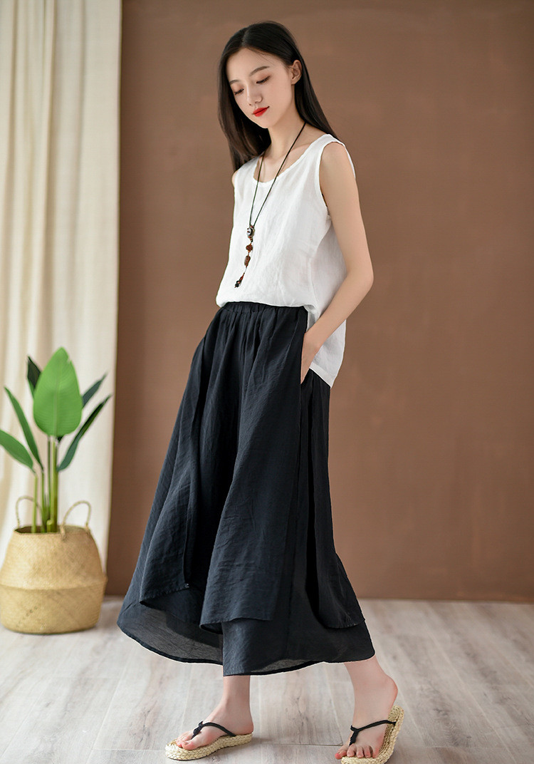 文芸復古 九分丈ラップ風ワイドパンツ｜涼やか綿素材 ゆったりシルエット レディース夏 K-15