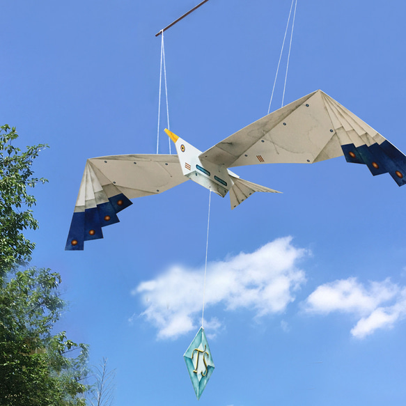 最終お値下げ『Petit Pan』ペーパークラフト★雲型モビール（青） 癒しの手作りキット】空飛ぶカモメのモビール 名入れOK 親子で楽しむ