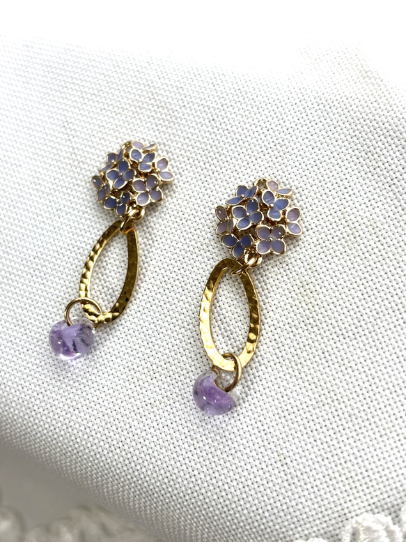 紫陽花 ゆれる ドロップビーズ紫付 パープル ピアス フックタイプ ニッケルフリー No.31 9枚目の画像
