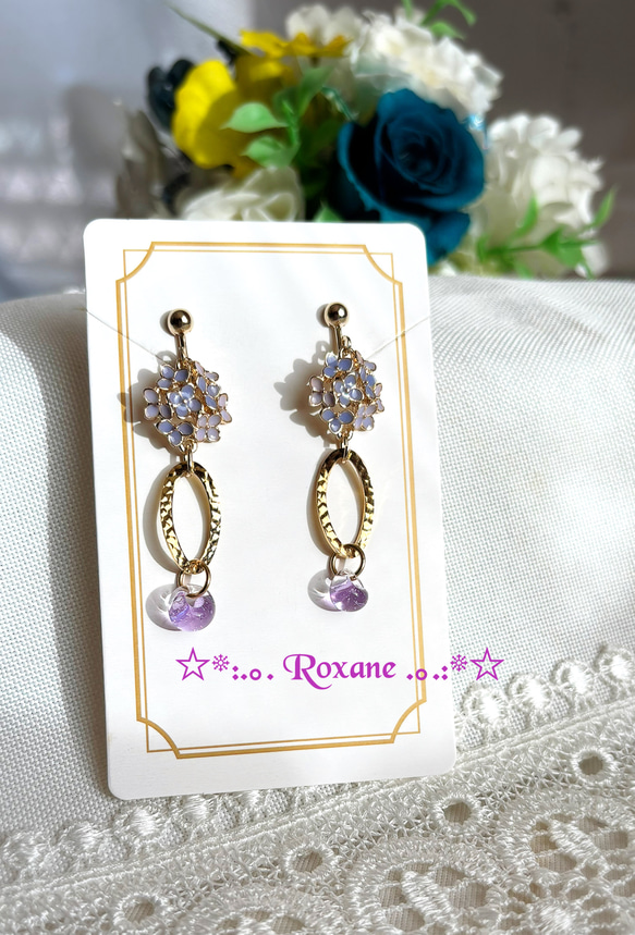 紫陽花 ゆれる ドロップビーズ紫付 パープル ピアス フックタイプ ニッケルフリー No.31 2枚目の画像