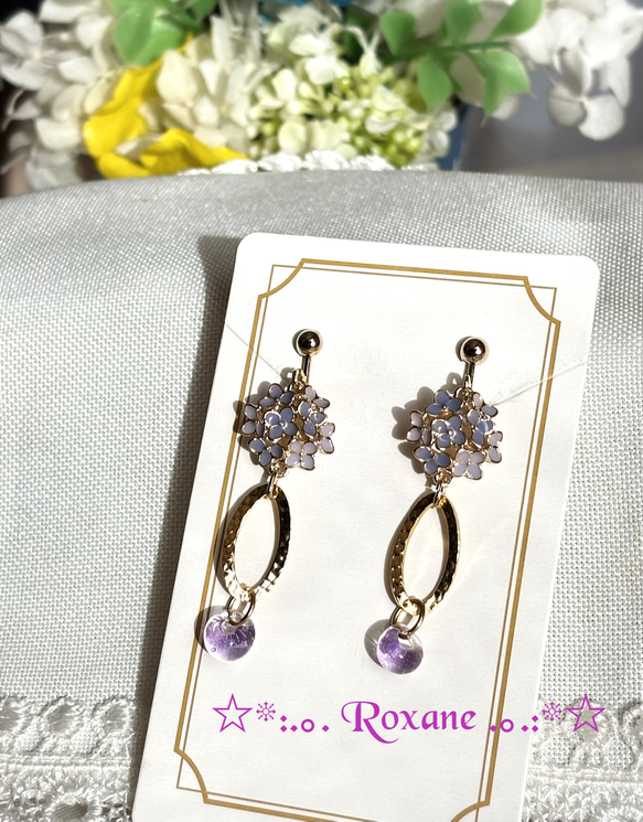 紫陽花 ゆれる ドロップビーズ紫付 パープル ピアス フックタイプ ニッケルフリー No.31 3枚目の画像