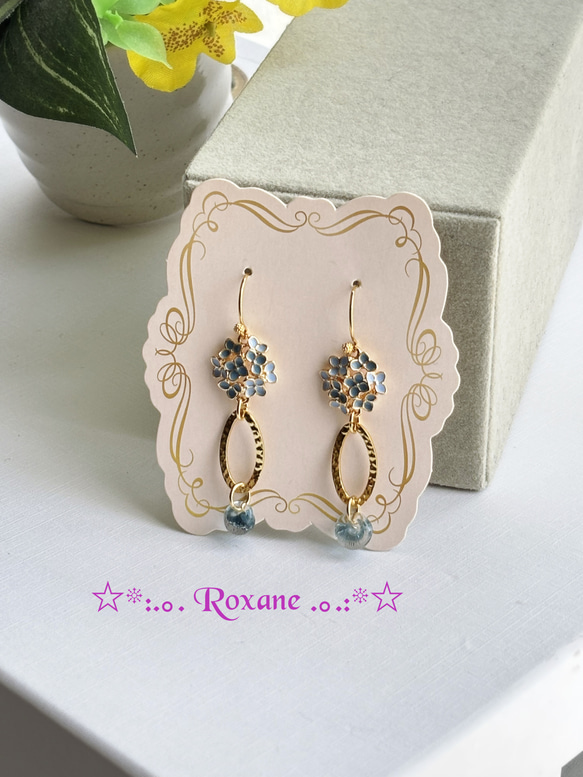 紫陽花 ゆれる ドロップビーズ紫付 パープル ピアス フックタイプ ニッケルフリー No.31 7枚目の画像
