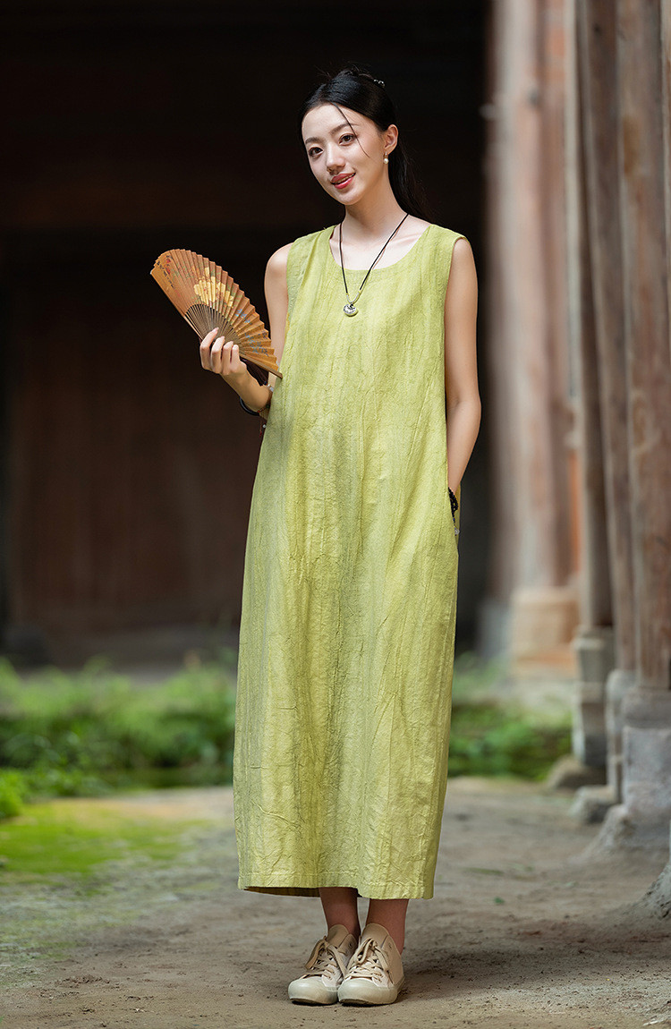 手染め綿麻ロングワンピース｜ナチュラル風・夏の涼感コーデ 8312