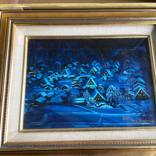 自作油絵 世界遺産白川郷 月光浴 油彩F4号 額装済み その他