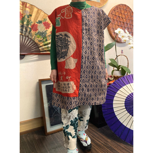 手拭いリメイクチュニック柿渋染め 手ぬぐい色々と浴衣の柿渋染めチュニック 手ぬぐいリメイク